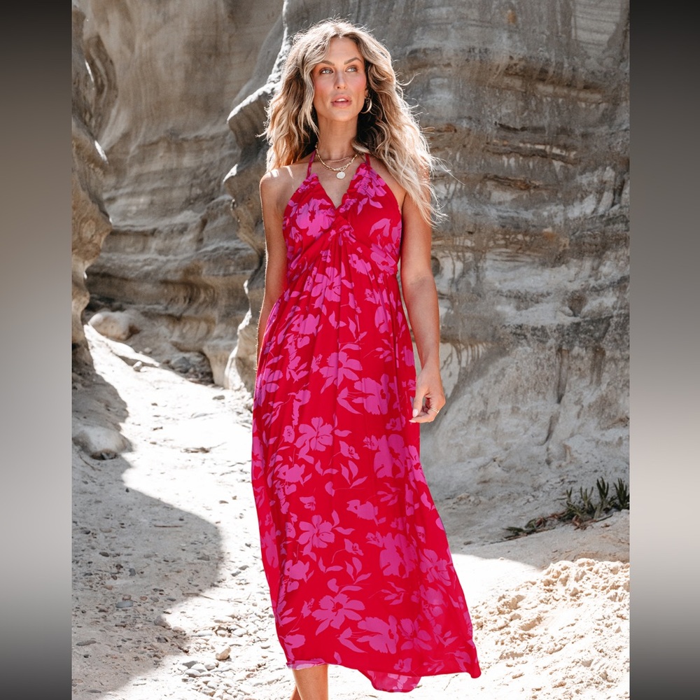 Cupshe Red & Pink Floral Halter Maxi Dress
